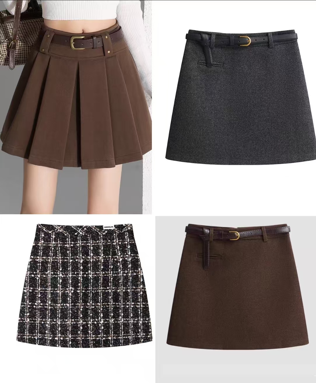 1-100秋冬高腰格子A字短裙 复古毛呢百褶裙