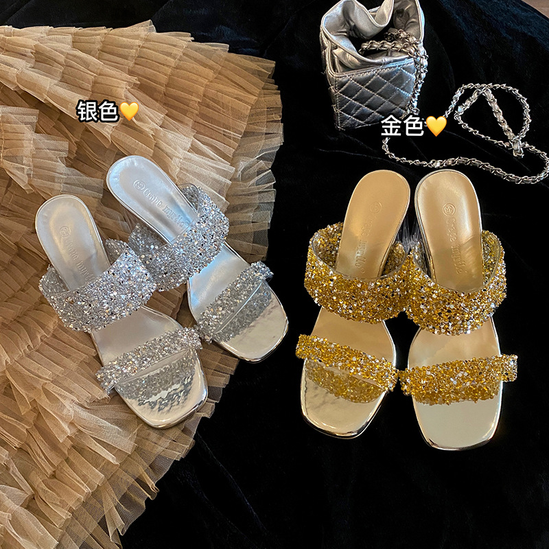 宴会女王~新款闪亮性感高跟凉鞋女一字带透明高跟凉拖鞋女夏外穿