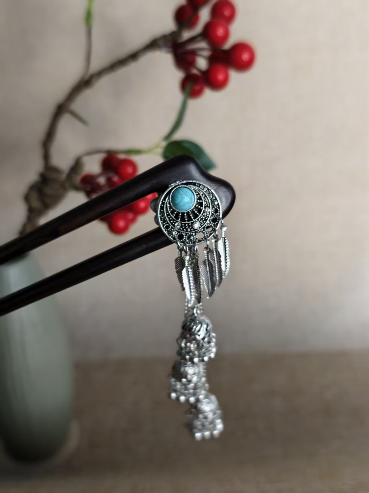 步摇流苏13公分双钗捕梦网铃铛盘发簪头饰国风发簪原创设计日常