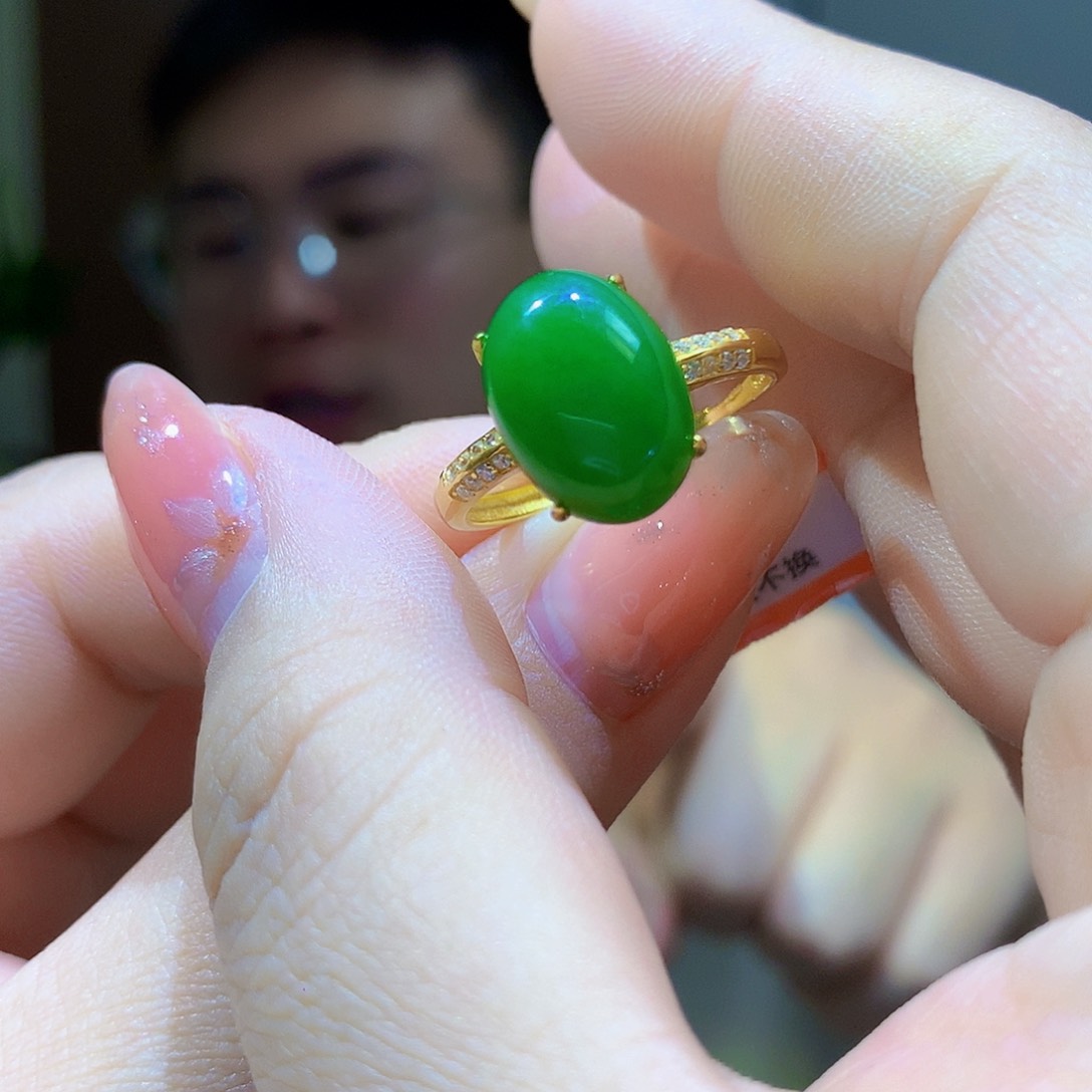 银S925镀金镶嵌戒指和田玉（碧玉）