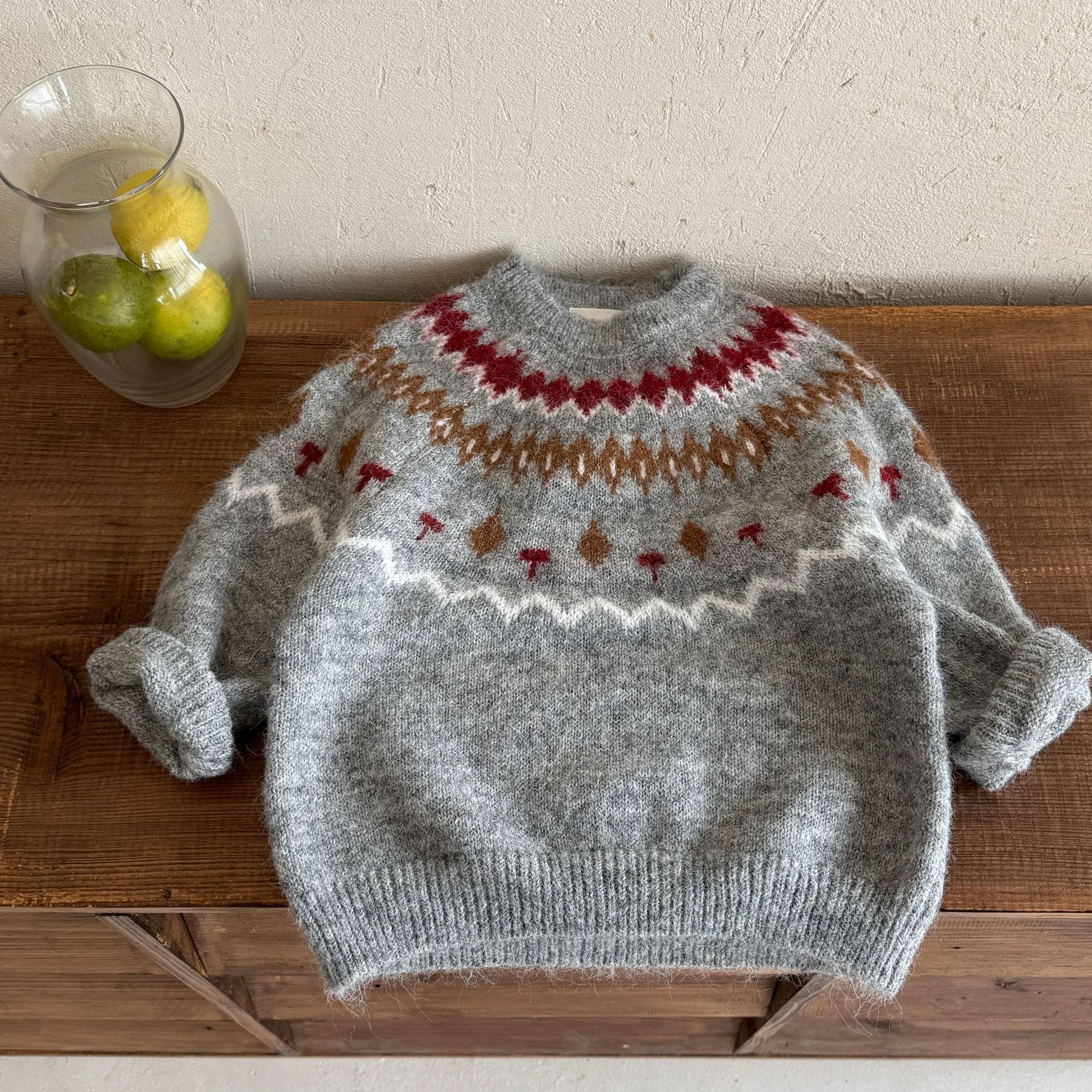 nonogo【费尔岛】2025秋冬复古撞色圆领亲子提花抓绒毛衣