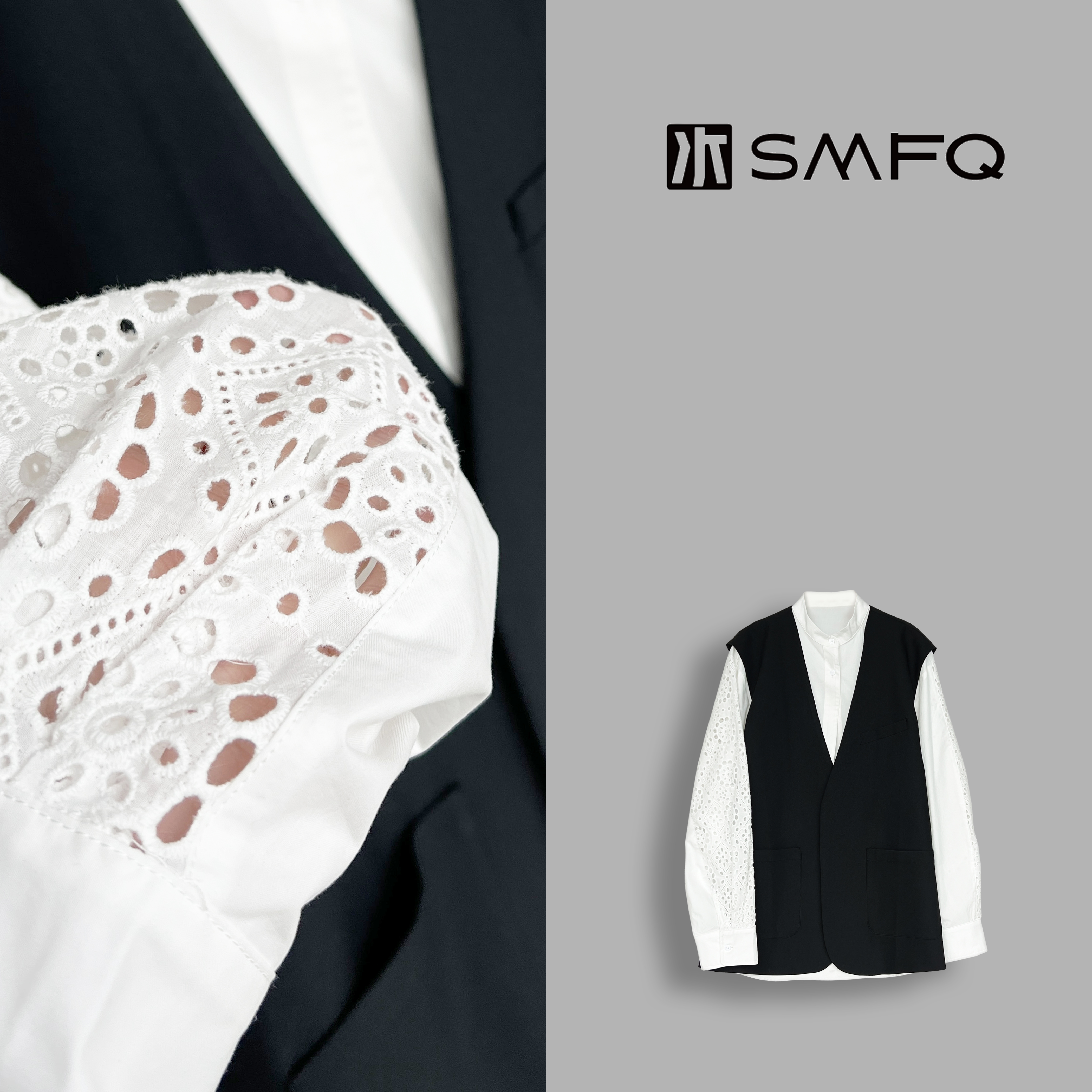 水木夫妻“多元诠释”精简内敛假两件马甲拼接蕾丝衬衫上衣