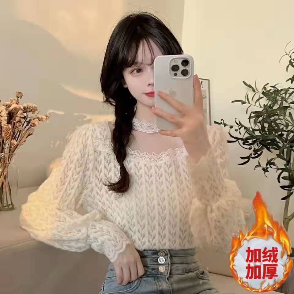 蕾丝纯色蕾丝衫植绒蕾丝显瘦衬衫冬季法式半高领修身
