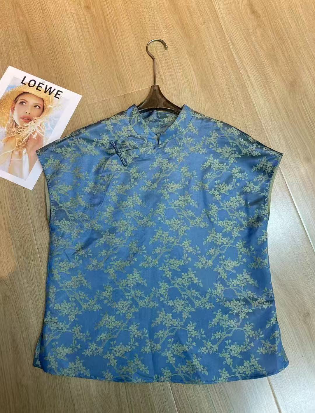 谢美丽-精选蓝底小金花超美上衣衬衫新中式