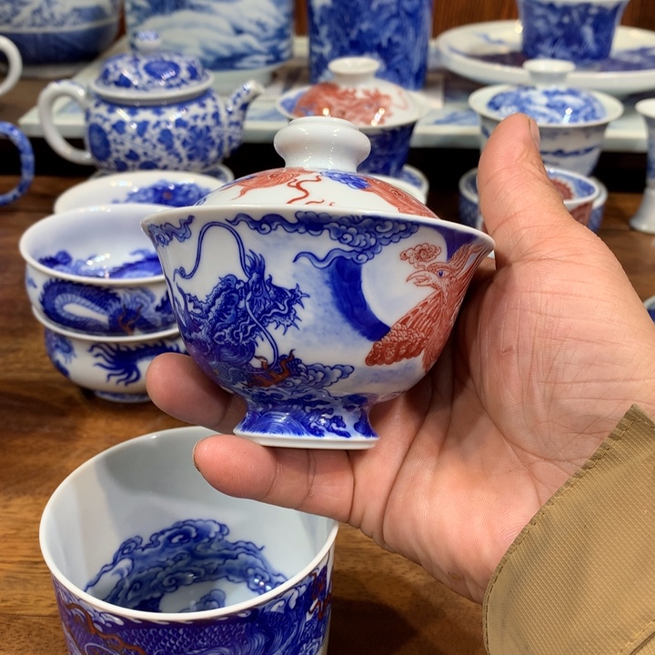 自成堂柴窑青花麒麟追凤盖碗