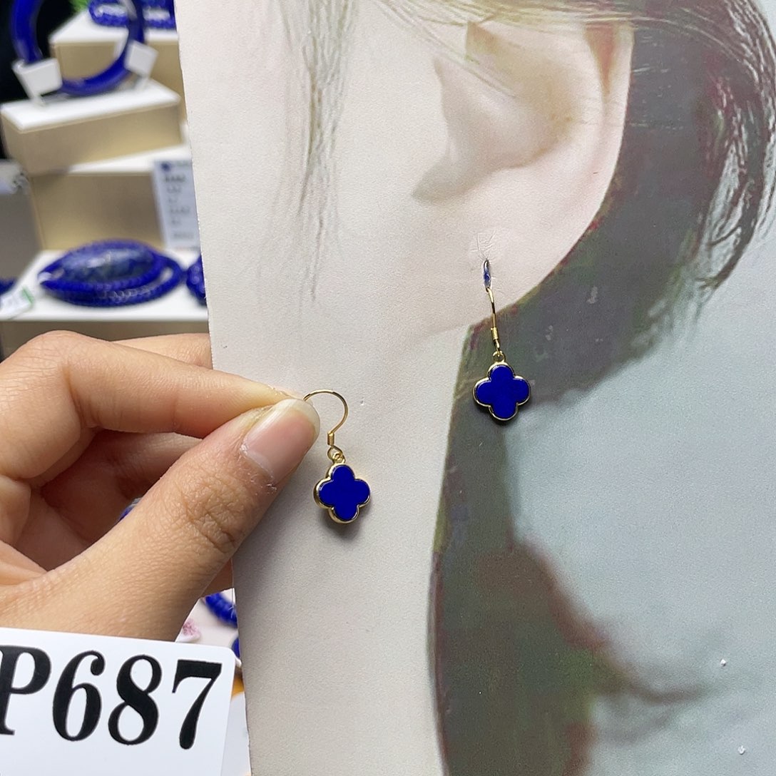 青金石四叶草耳钩银S925镀金镶嵌