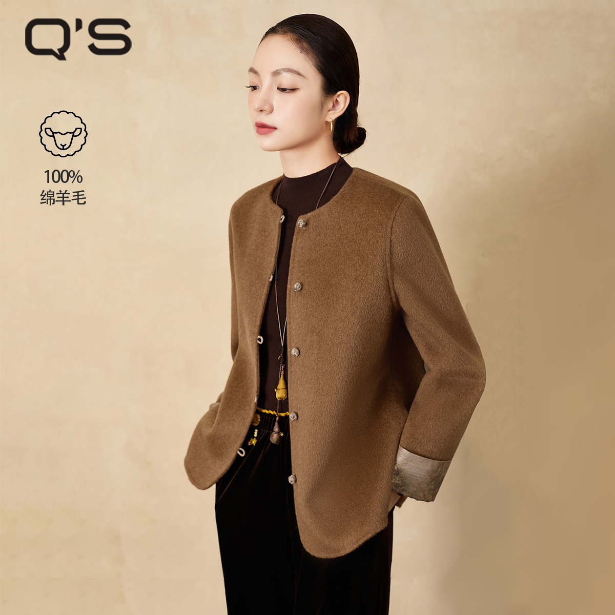 秸熙冬季新款气质轻国风双面呢大衣提花袖口绵羊毛外套5XD2C2