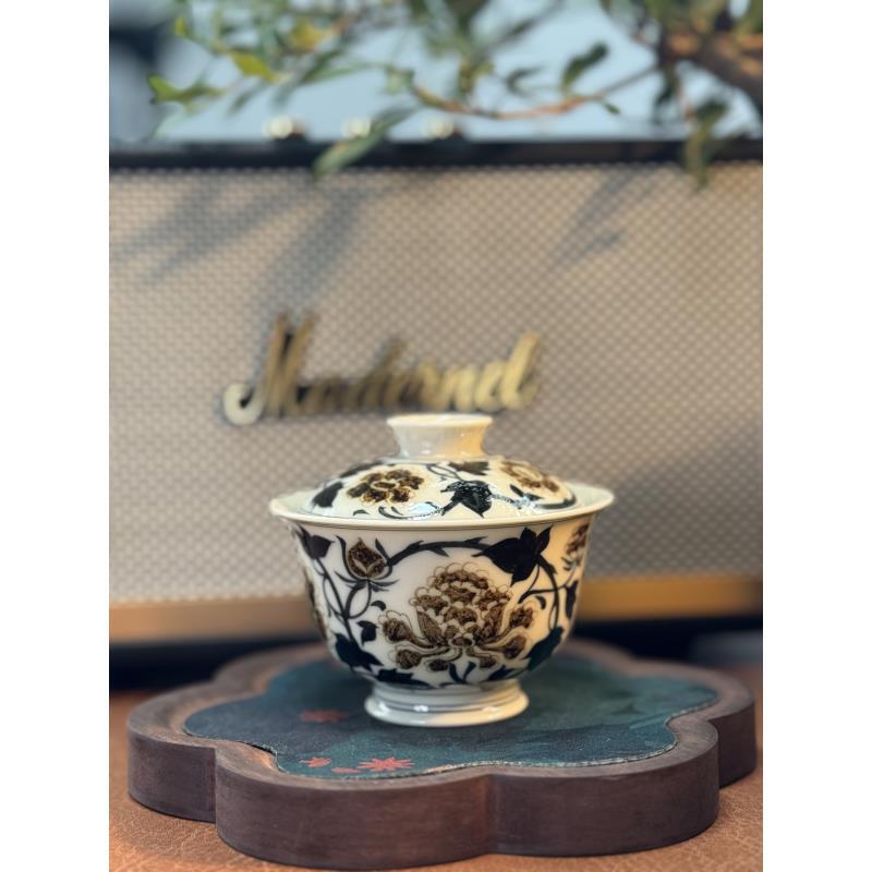 A048【景墨春风】景德镇手工手绘釉里金四项牡丹二才盖碗  100ml  