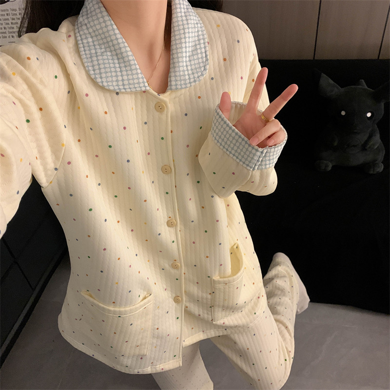 空气棉 韩版秋冬新款波点网红同款开衫睡衣女家居服套装