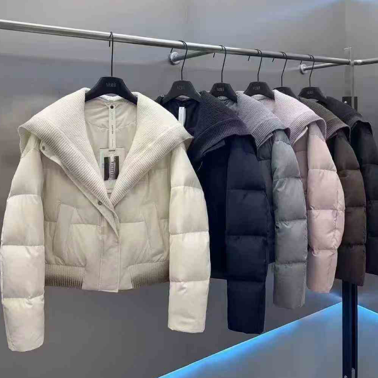 【NW】新款韩版针织翻领拼接保暖宽松百搭高品质短款羽绒服