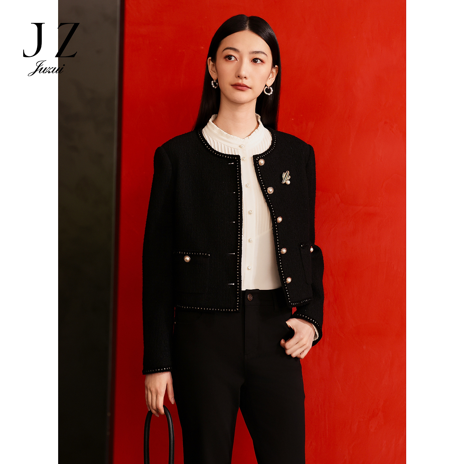 商场同款JZ玖姿复古摩登羊毛花纱外套女装新款JWEQ40519