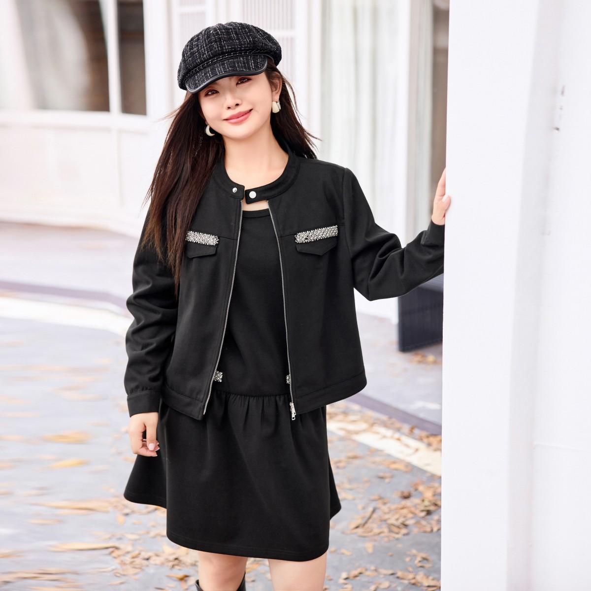 MsShe大码女装冬千金感钉珠磨毛外套背心连衣裙套装D~S2510018