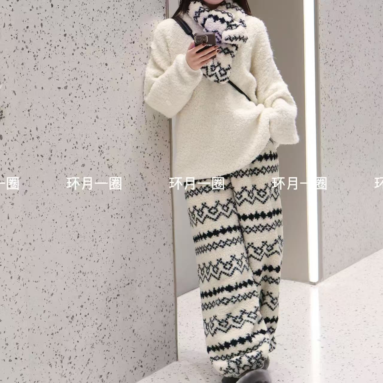   【加厚】裤子-保暖韩系连帽米粒绒大码家居服外出条纹裤子