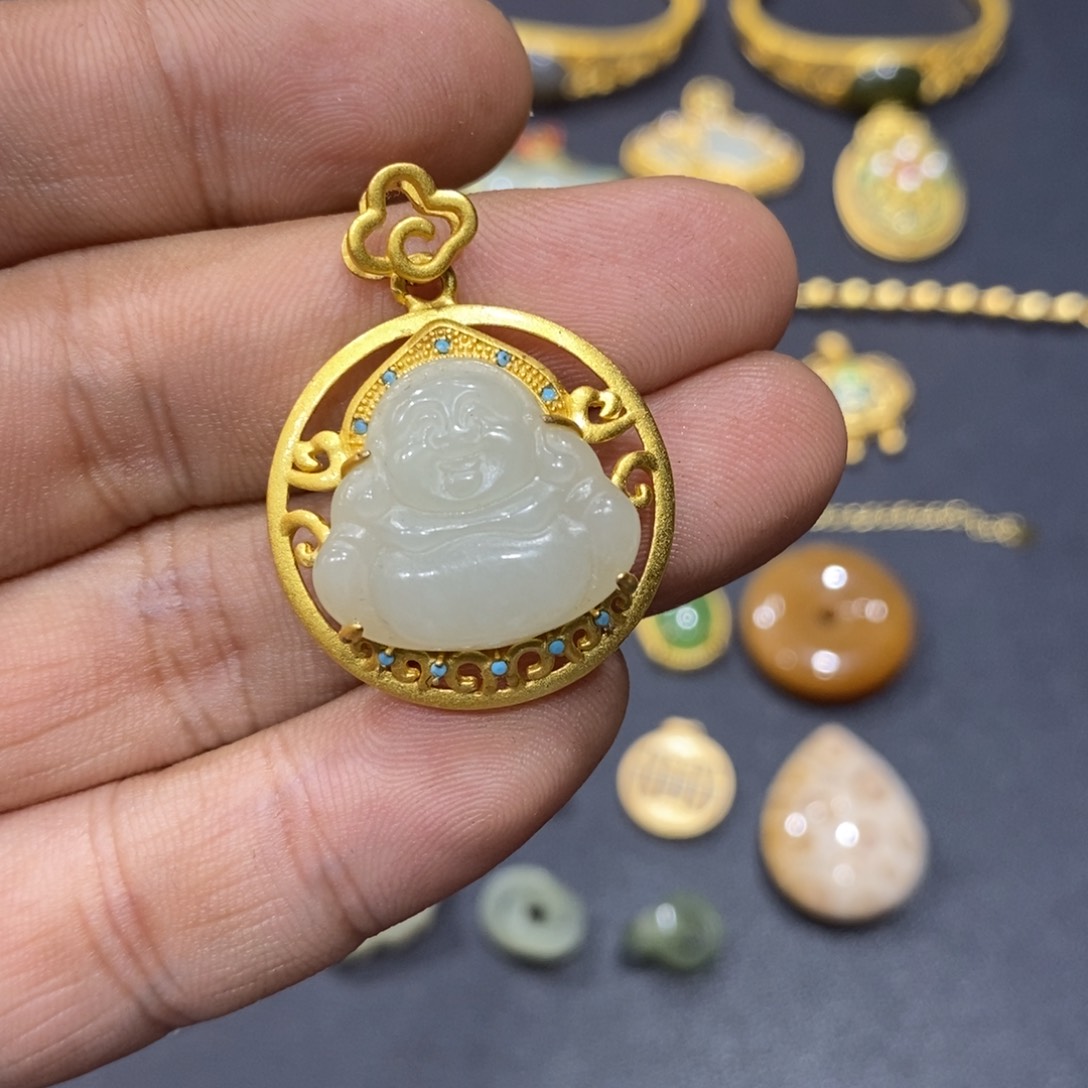 和田玉颈饰银S925镀金镶嵌