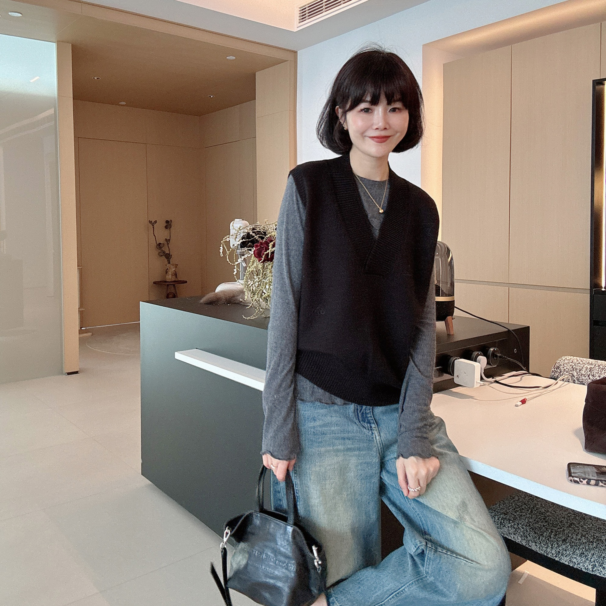 春秋高级V领叠穿真吗无袖马甲毛衣马夹