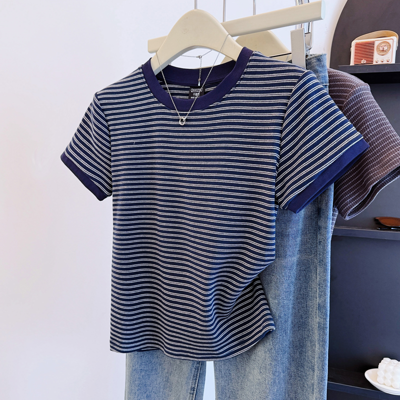 9108#韩系弹力撞色条纹短袖t恤女夏季新款修身设计感圆领打底上衣