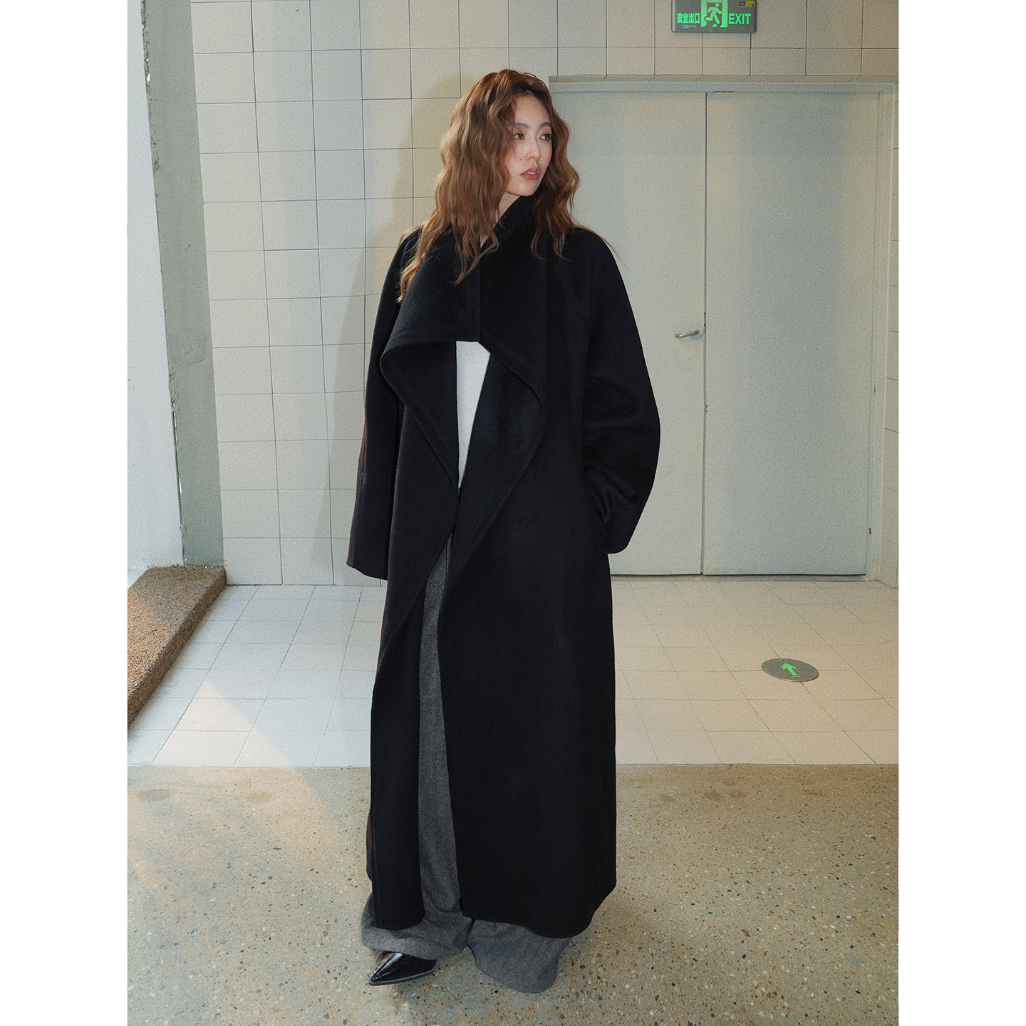 洛边 戛纳之夜 设计师款羊毛呢大衣女长款翻领宽松外套双面羊毛