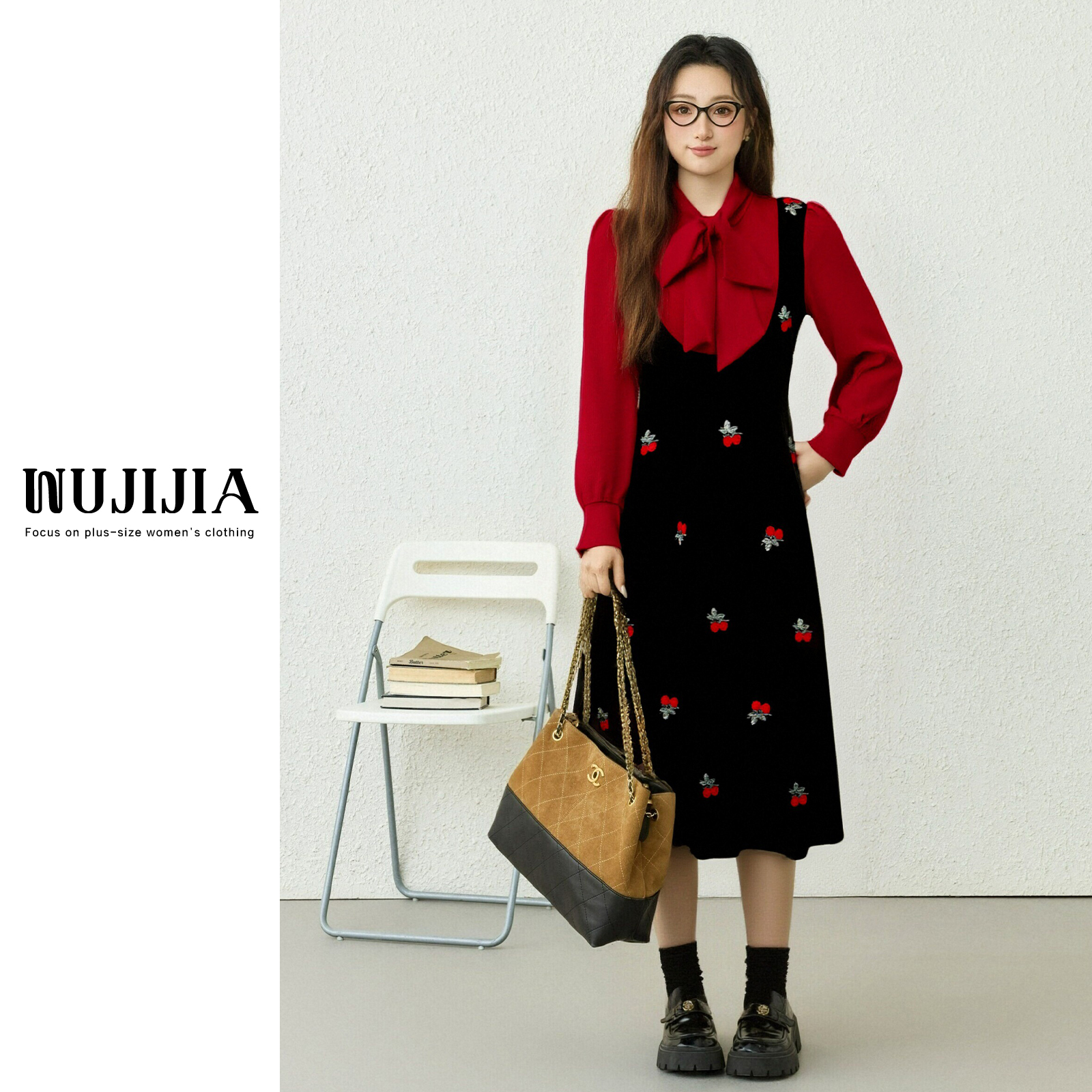 黑拼红假两件连衣裙长袖气质长款秋冬ZL115204