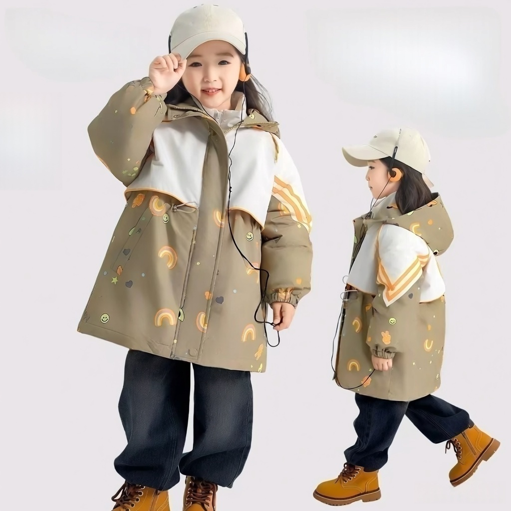 【米果妈】儿童2025冬季新款时尚中长款加绒连帽冲锋衣B5202