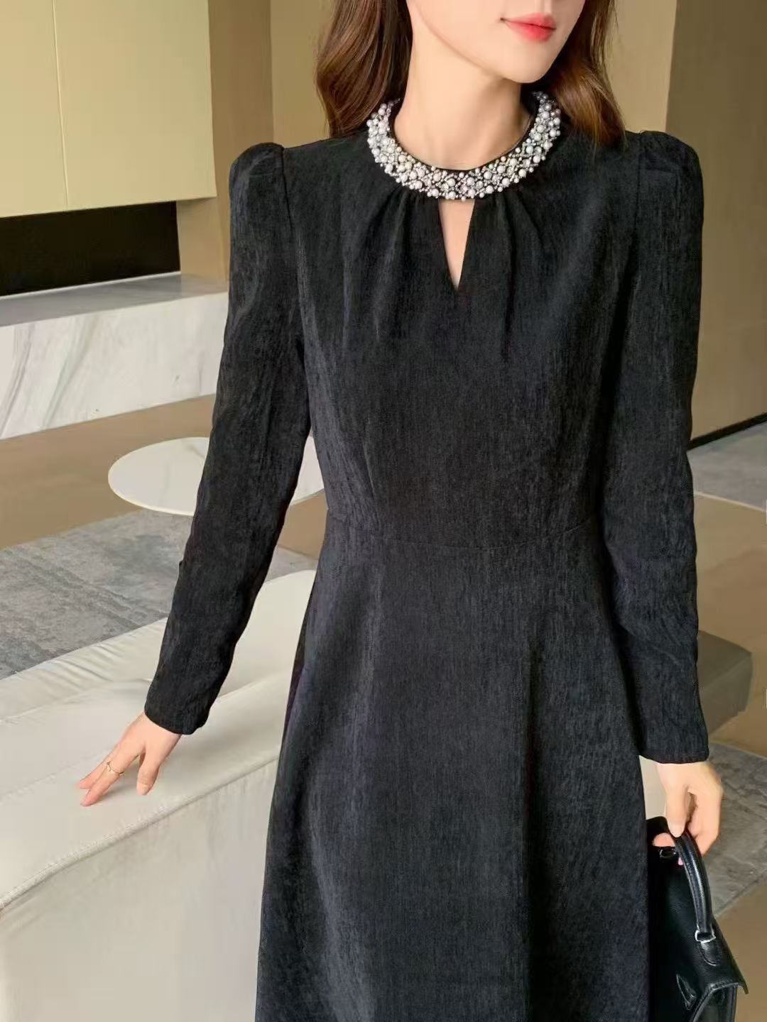 中腰裙子法式拼接复古冬季坑条毛衣裙长袖连衣裙秋冬