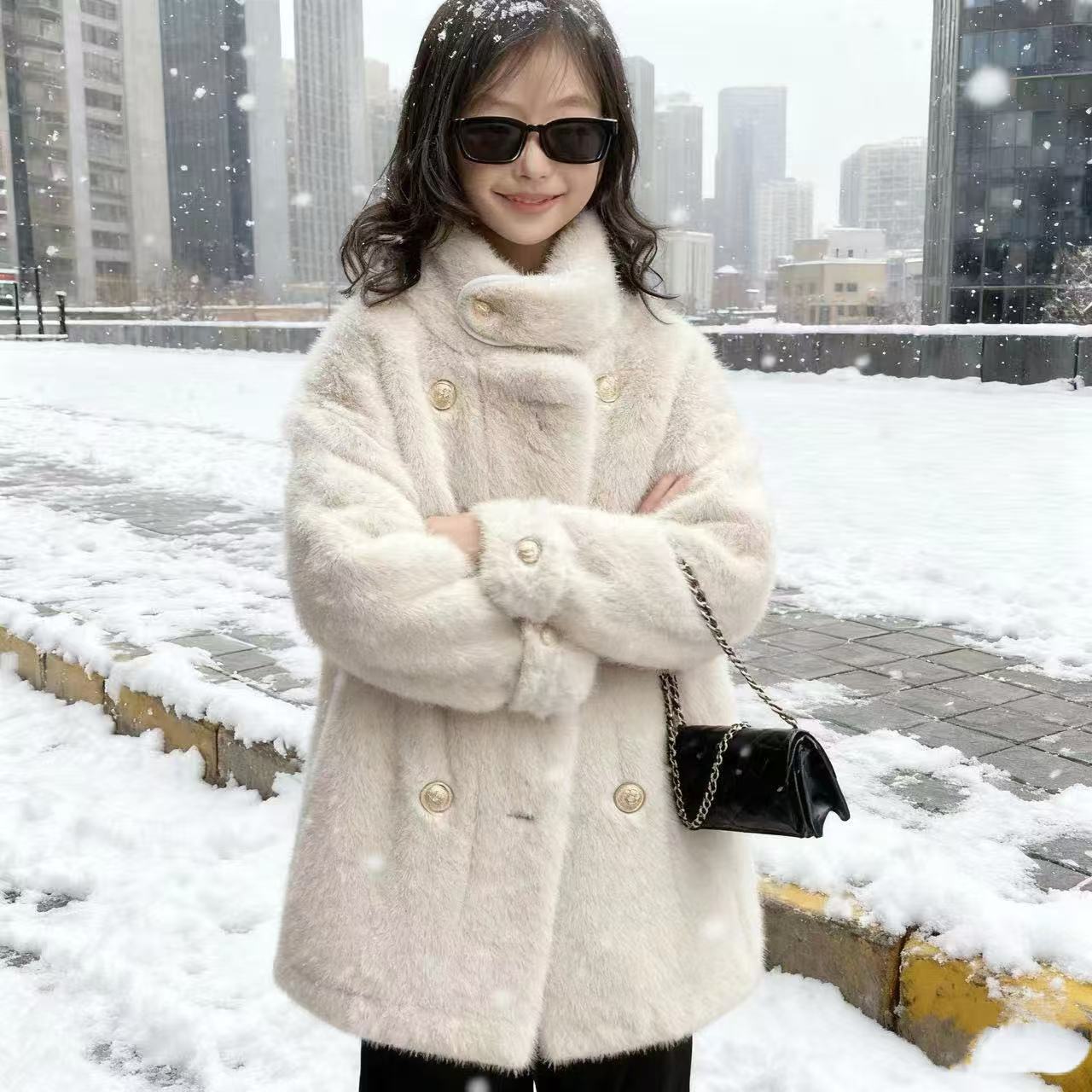 亲子装2025新款大童加绒加厚保暖水貂绒长款大衣
