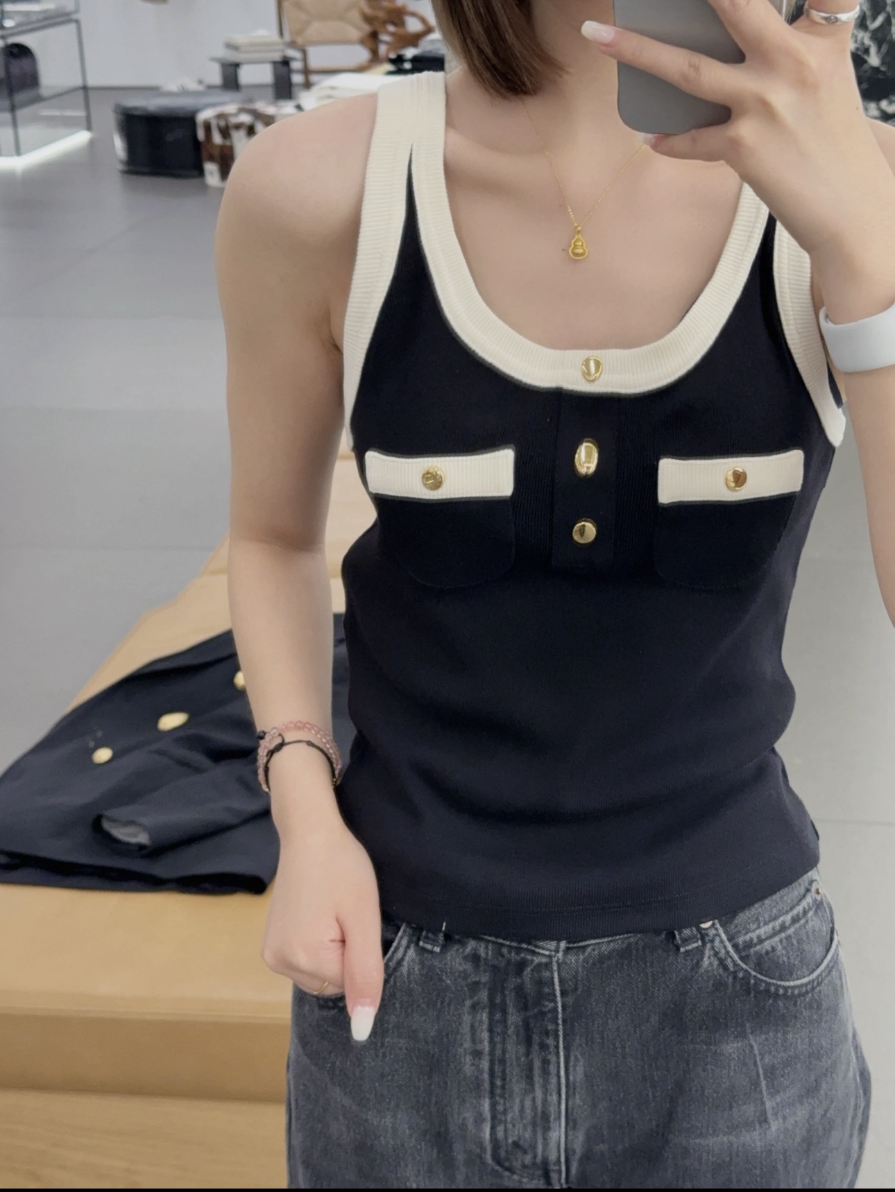 「长芯】经典黑白配色针织修身显瘦背心吊带上衣YZ25K011121
