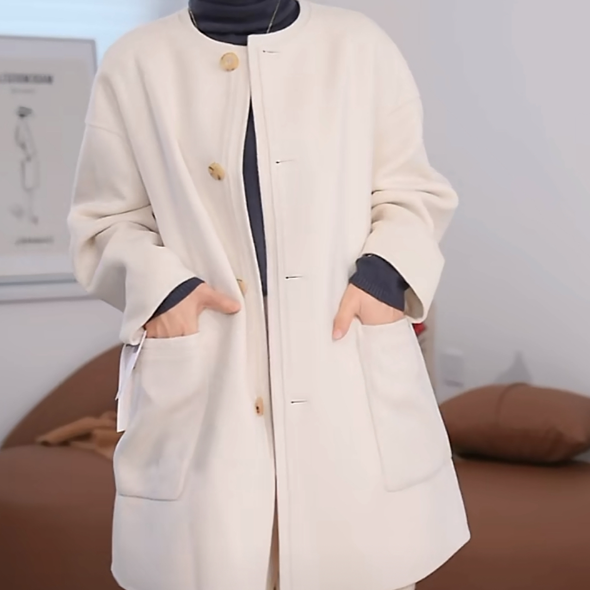 纯山羊绒圆领宽松廓形双面呢大衣外套