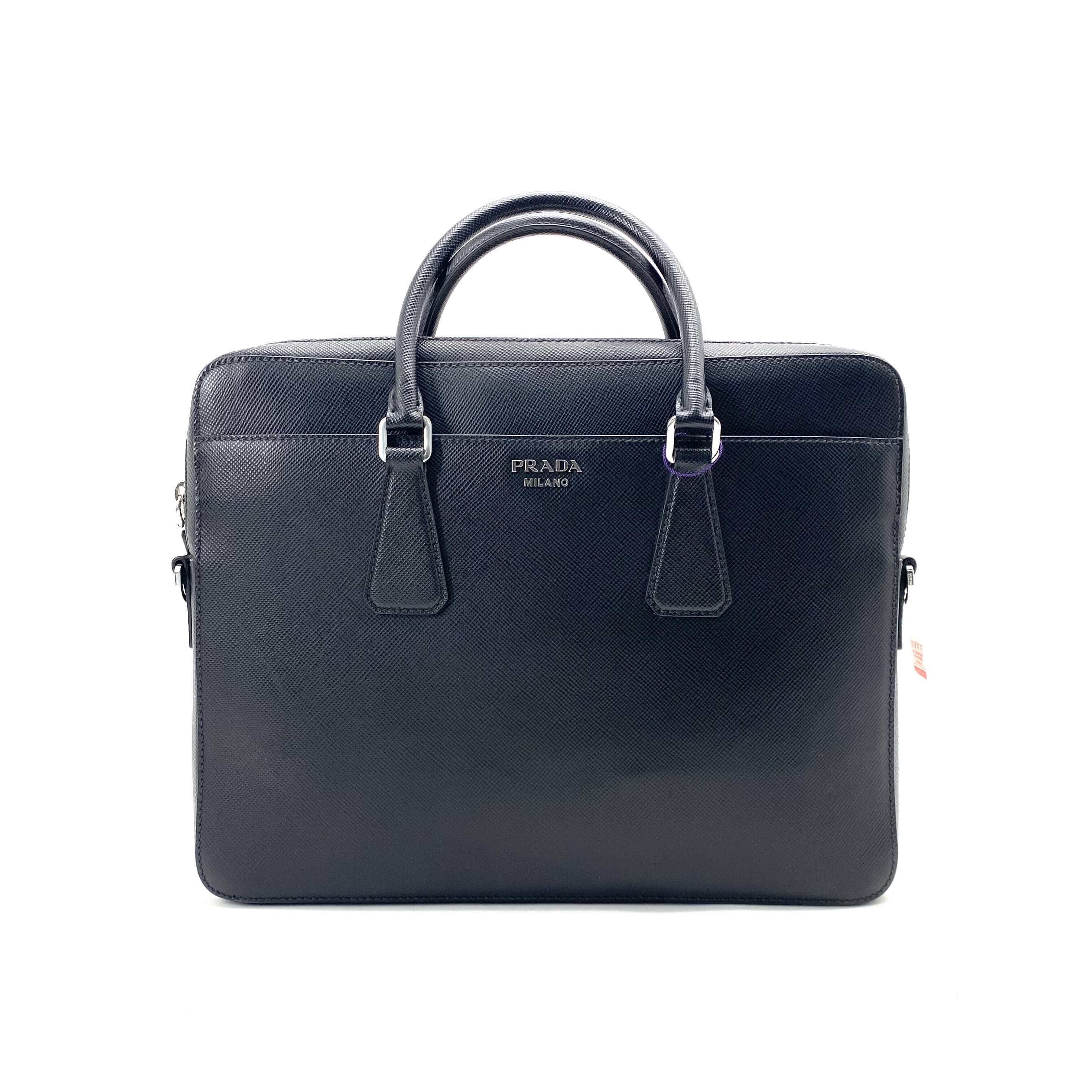 99新 Prada/普拉达 99新普拉达 黑色全皮十字纹公文包无肩带36/28