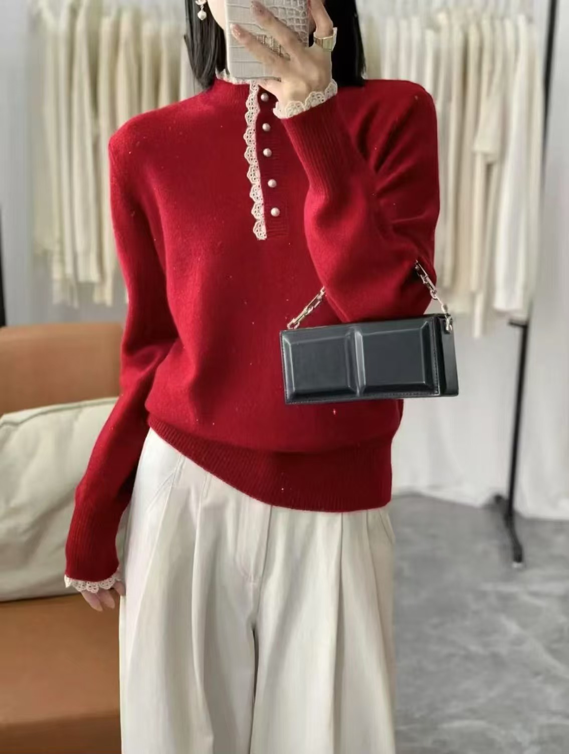 2025新款蕾丝边拼接毛衣秋冬宽松长袖打底衫外穿小香风星空上衣