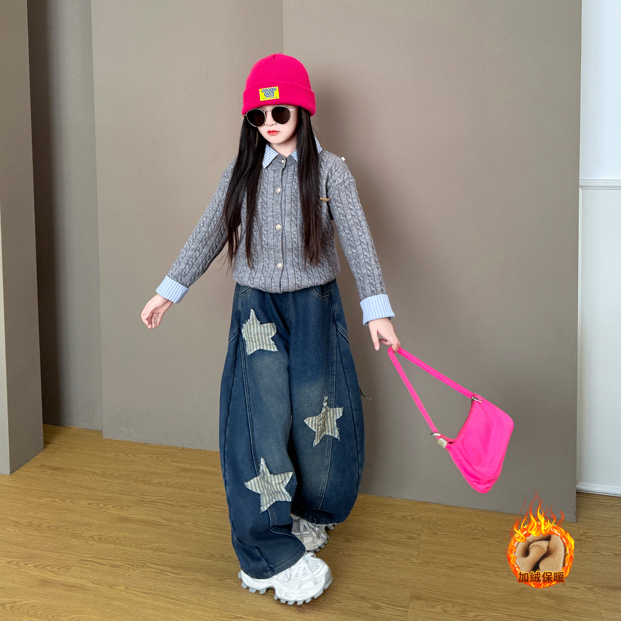 女童2025新款儿童秋冬季学院风毛衣加绒兔耳朵阔腿牛仔裤两件套潮