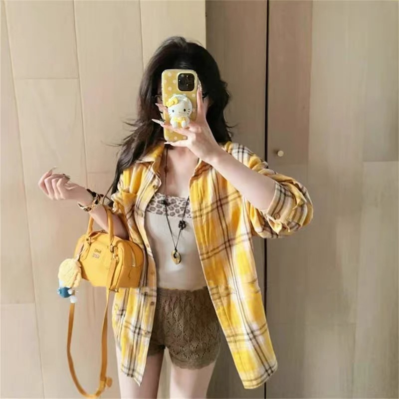 美式慵懒风黄色格子长袖衬衫女装2025早秋新款气质复古设计感上衣