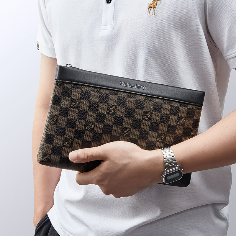 英皇保罗真皮男士手拿包商务大容量手包防盗高档格纹信封包手抓包