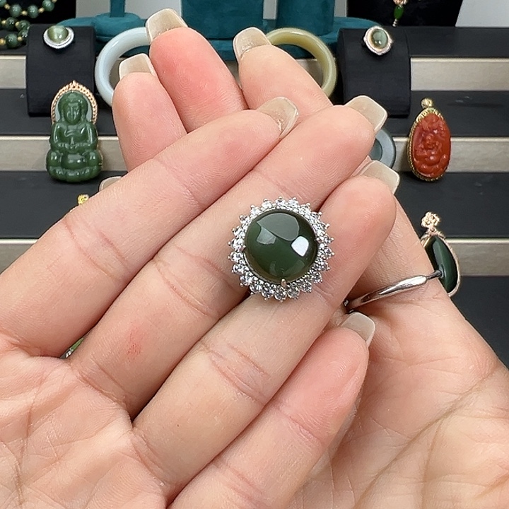 和田玉银S925镶嵌戒指