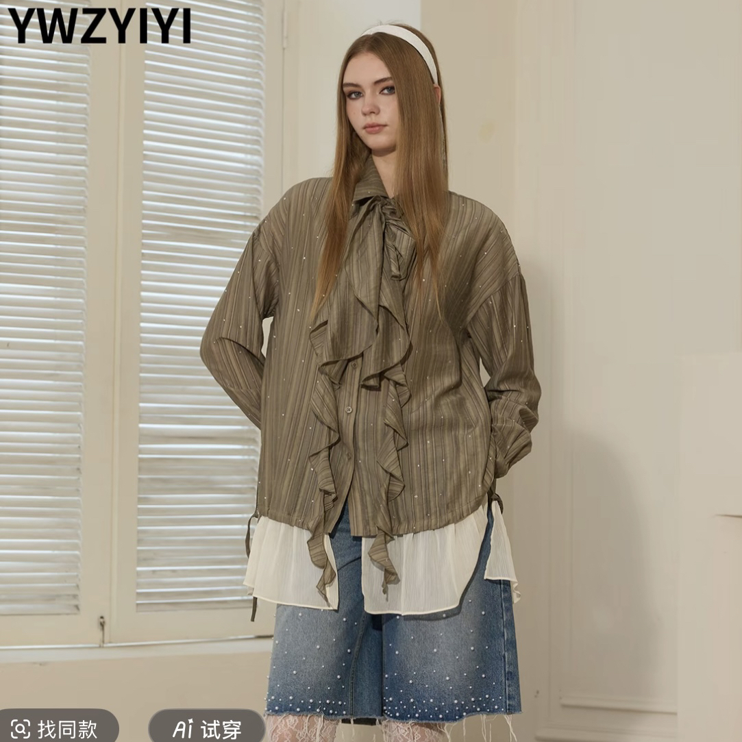 颜外之衣 军绿色烫钻双层荷叶领衬衫古典优雅秋季新款 YLWWA1C601
