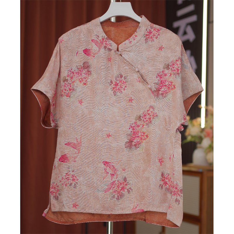 2259-新中式女夏季全花萝透气高级显瘦粉色短袖上衣T恤