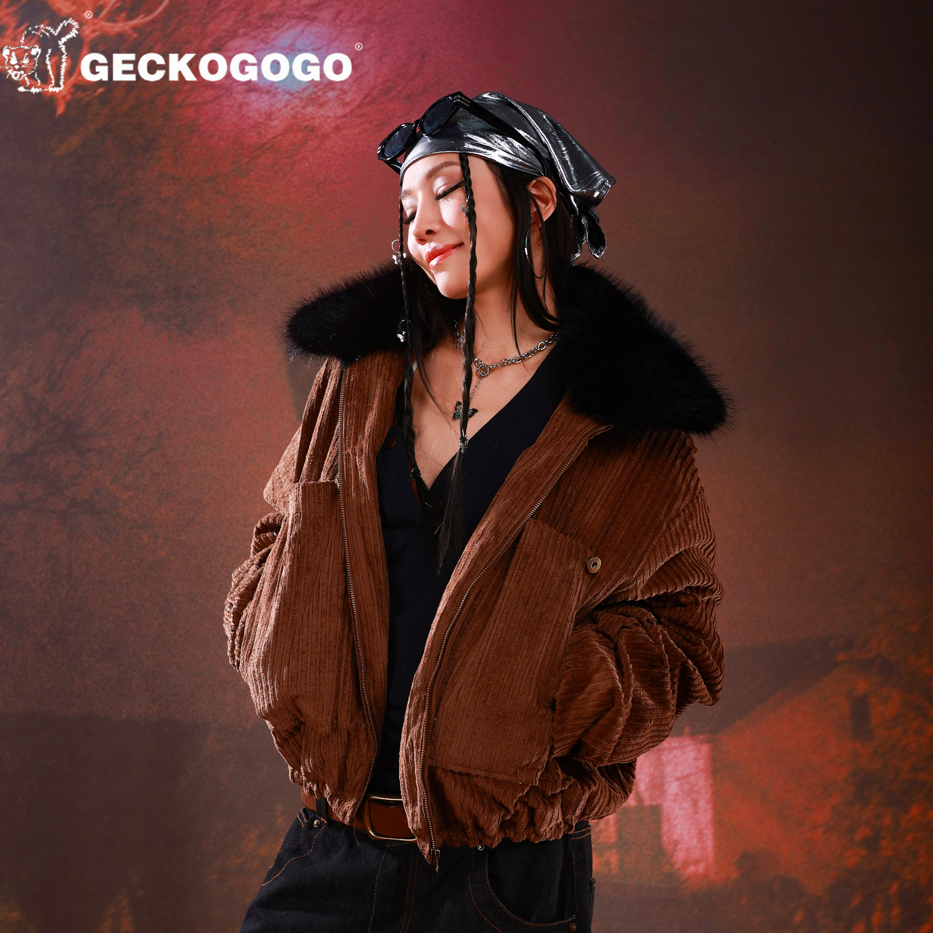 GECKOGOGO美式复古街头灯芯绒可拆卸毛领加厚夹克外套男女同款