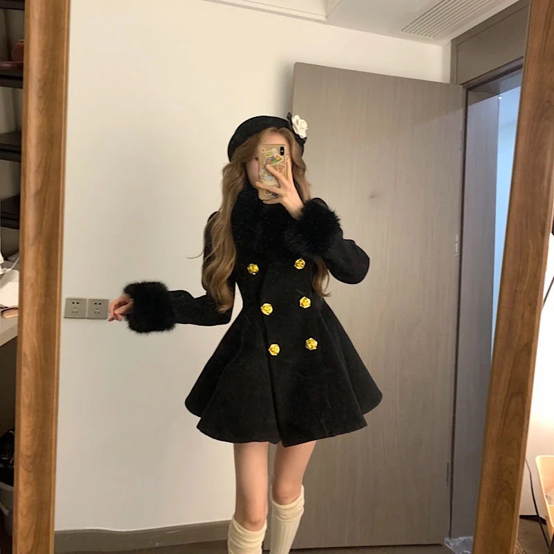 法式赫本风黑色外套女秋冬季收腰双排扣呢子大衣