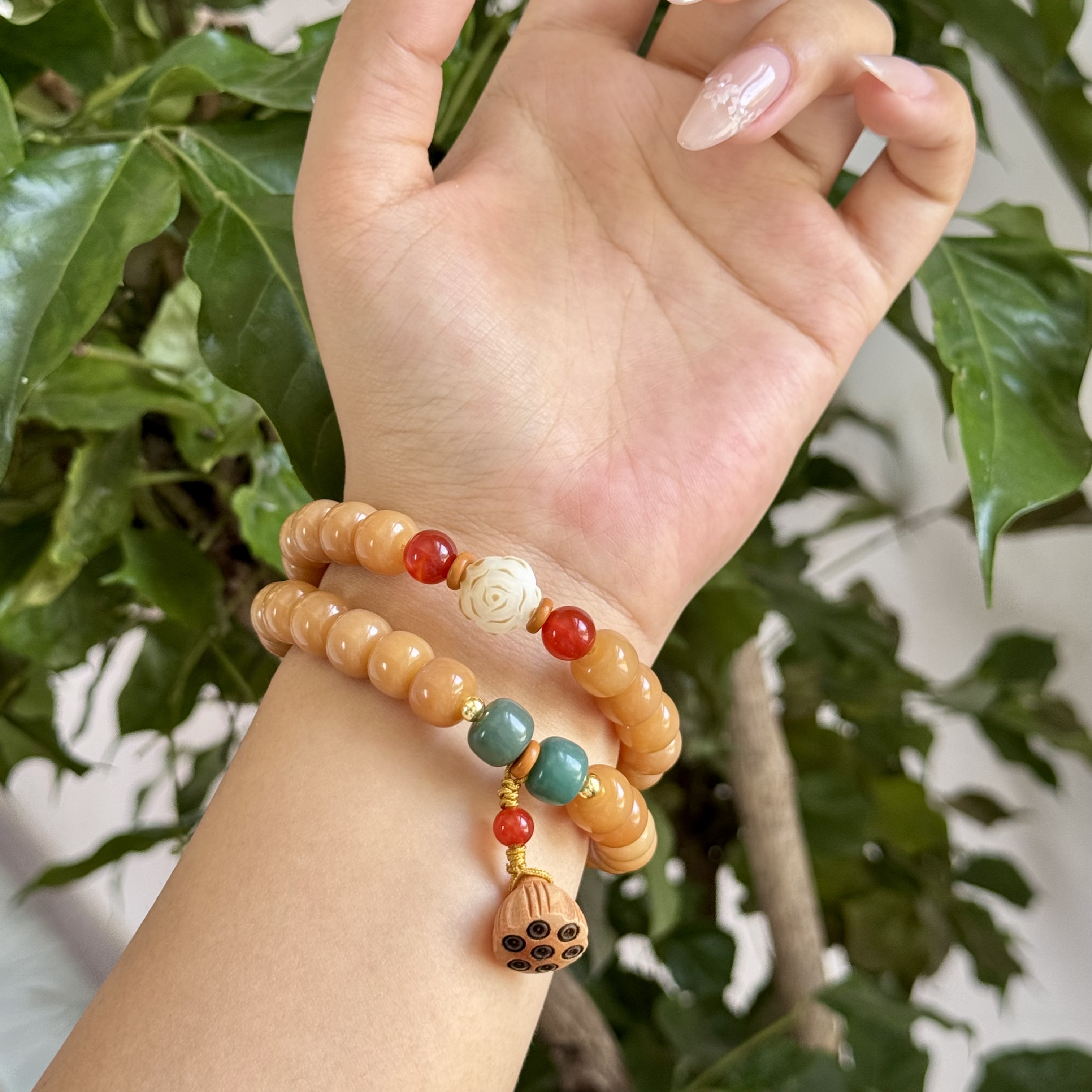 原生态菩提根焦糖奶茶色双圈文玩手串8*10山茶花女生手串