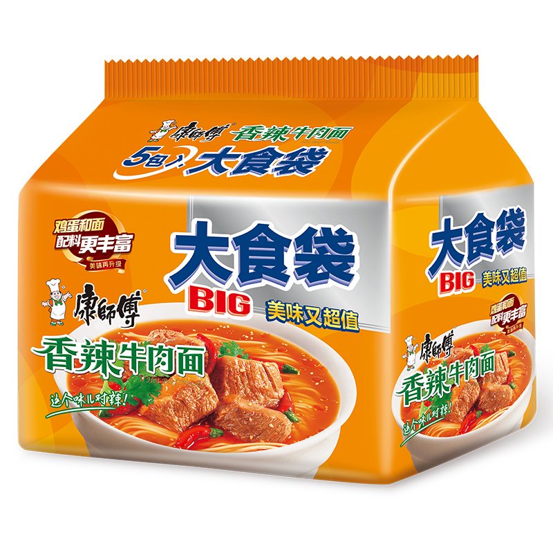 康师傅大食袋香辣牛肉面144g*5