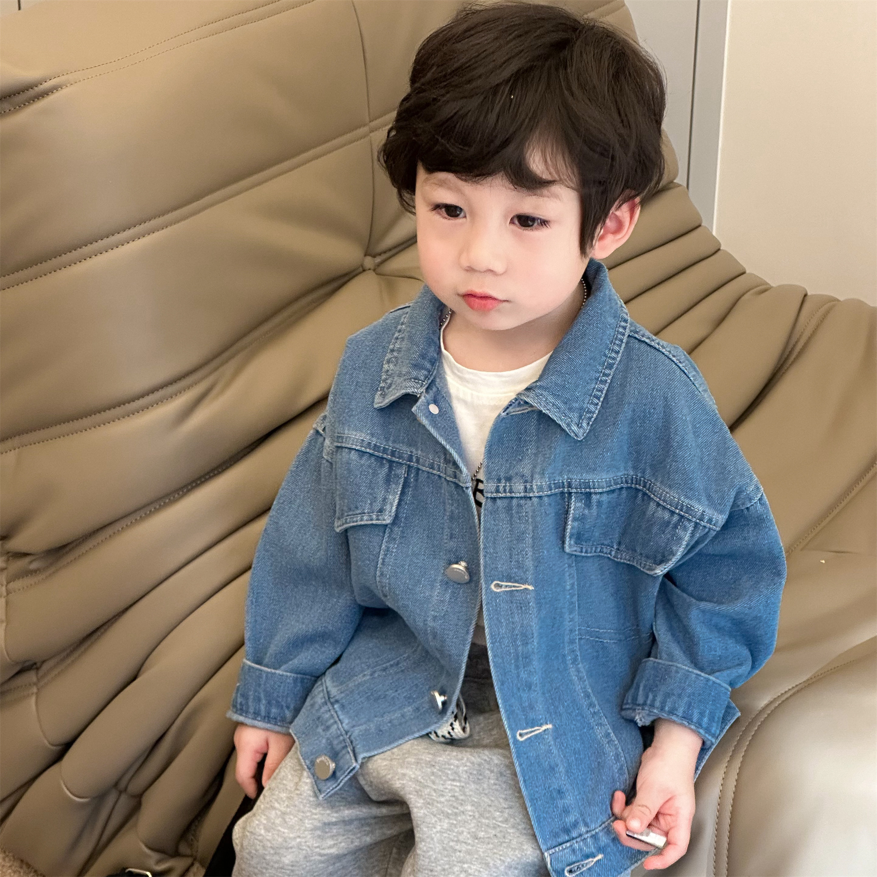 男童牛仔外套纯色童装春秋男韩版外套秋装秋款小童韩版洋气外套