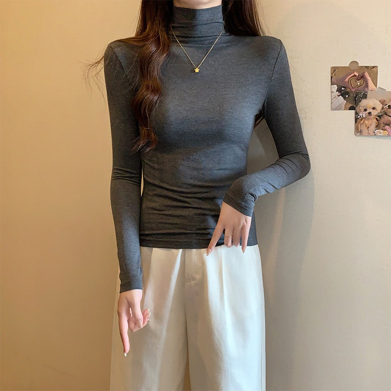 高领长袖3DT恤黑色贴身打底上衣半高领打底衫纯色