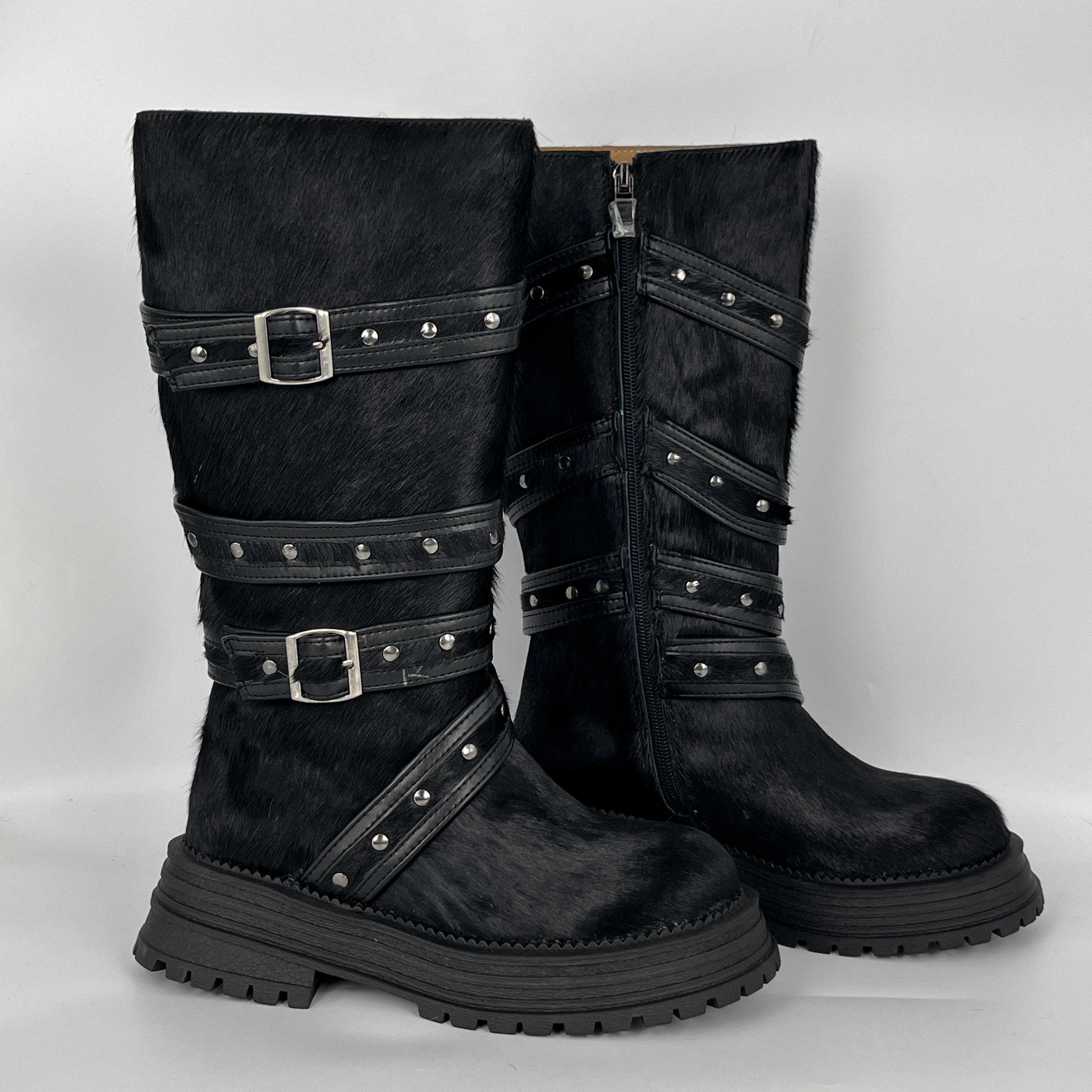 【2025爆品单款上新】S25-1女士马皮马毛酷飒绑带暗黑风长筒靴