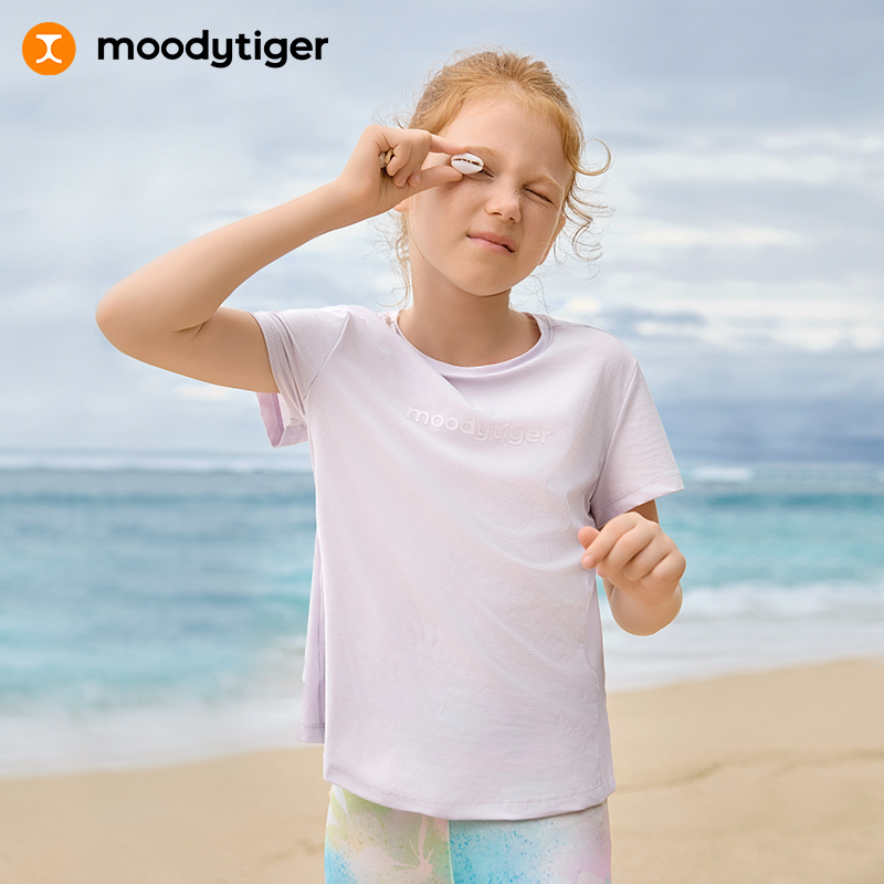 moodytiger儿童T恤25夏新女童圆领宽松透气短袖上衣42210122【H】