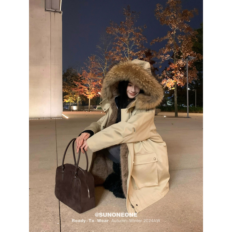 2025冬季新款棉服女保暖仿皮草内胆中长款洋气加绒工装派克服外套