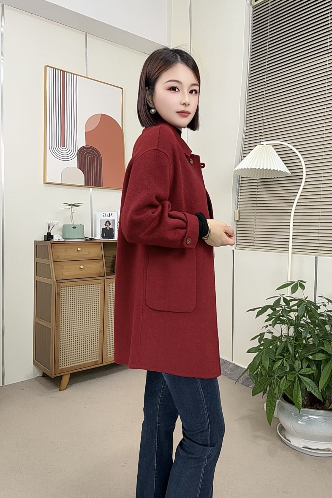 【菱形扣】翻领韩版外套秋冬双面呢保暖厚款冬季中长款毛呢外套