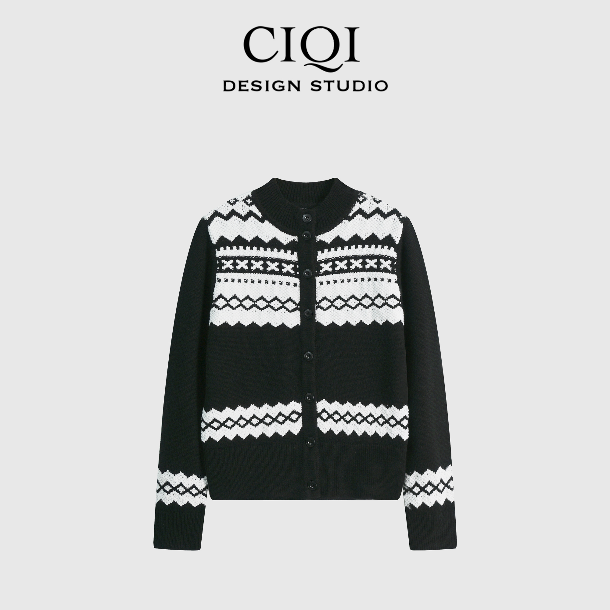 CIQI STUDIO【冰岛礼物】黑白配色羊毛提花修身时尚针织衫DY251088