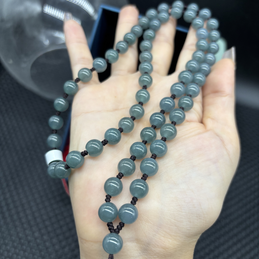 保真天然A货翡翠冰蓝水圆珠7.8mm玉石挂件绳珠链毛衣链长链百搭款