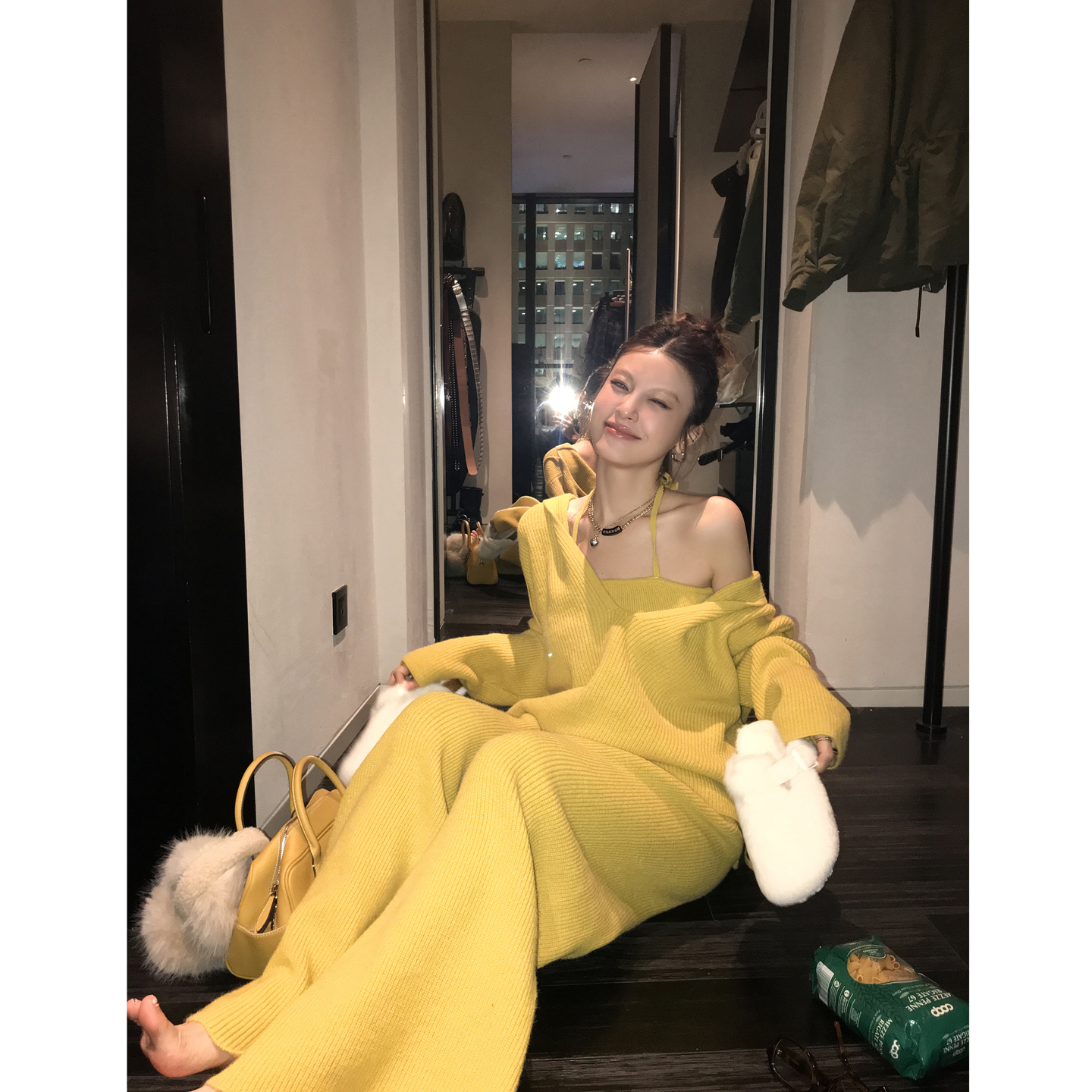 【姐系松弛感】连帽毛衣+吊带+阔腿裤三件套4706