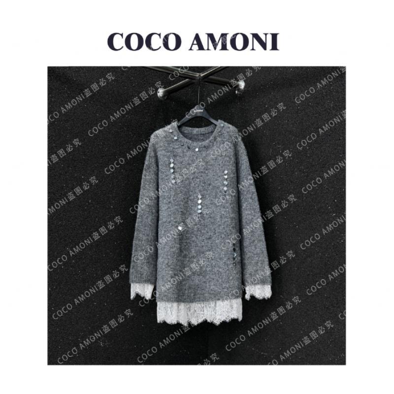 新款蕾丝网假两件拼接亮片百搭时尚设计减龄针织长袖毛衣JY331