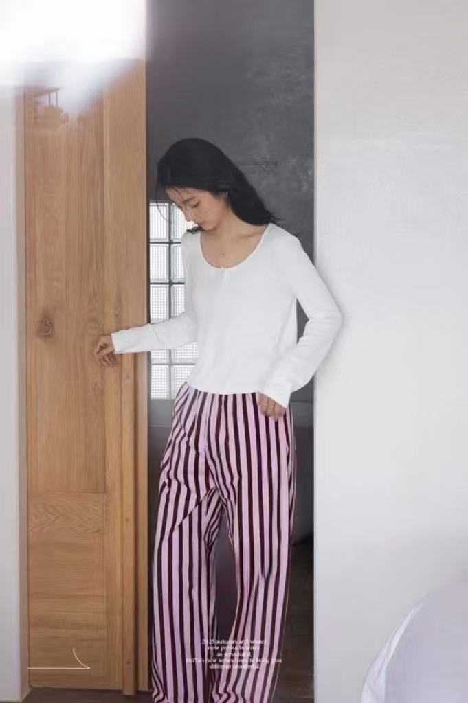 长裤不褪色常规款圆领条纹睡衣女松紧带长袖薄款女士休闲
